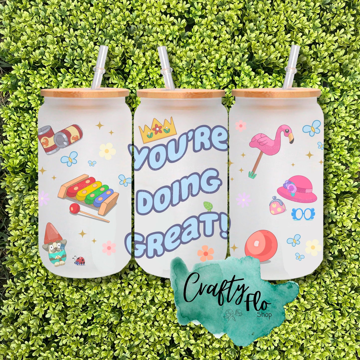 You're doing great! 16oz glass can with straw | Blue dog Inspired Cup | Glass Tumbler | Cute Glass Cup | Tumbler with Lid and Straw