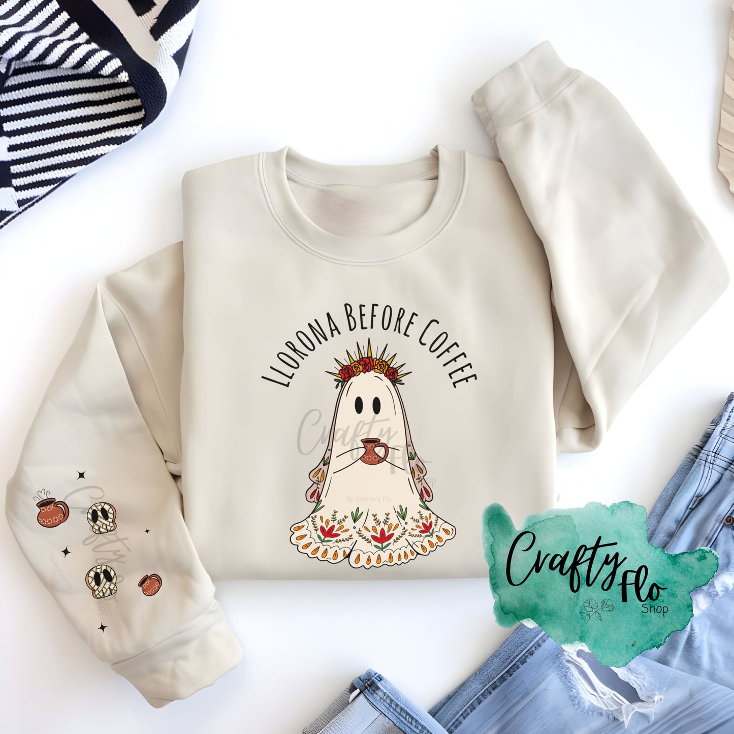 Llorona before Coffee Sweatshirt with front and sleeve designs | Llorona sweatshirt | friend gift sweatshirt