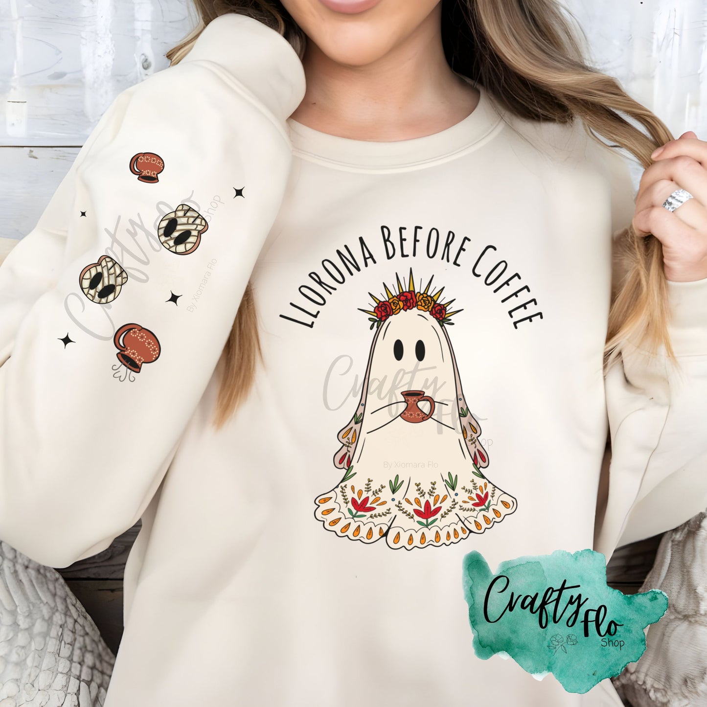 Llorona before Coffee Sweatshirt with front and sleeve designs | Llorona sweatshirt | friend gift sweatshirt