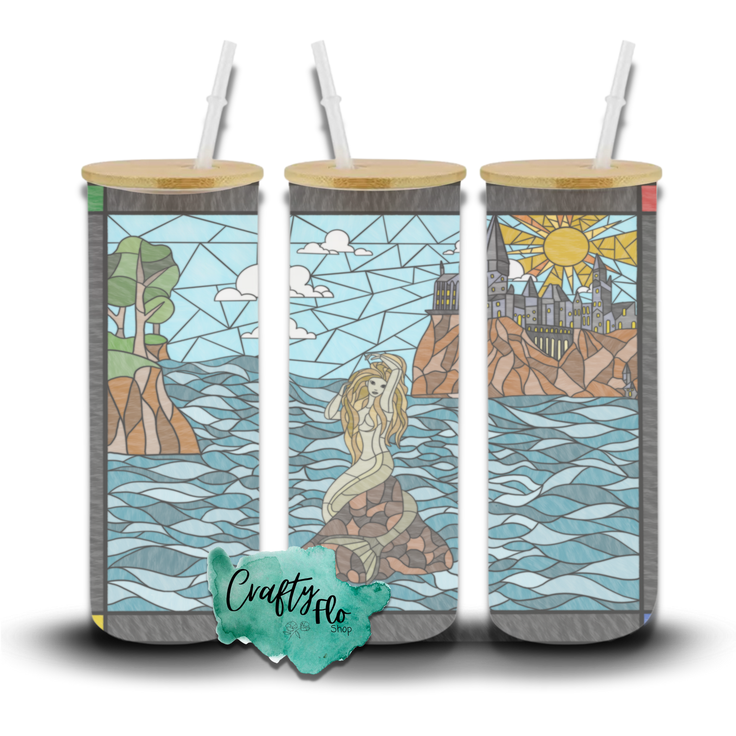 Wizarding School Mermaid stained glass inspired art 25oz glass tumbler with bamboo lid and straw
