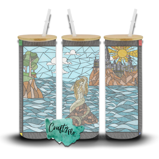 Wizarding School Mermaid stained glass inspired art 25oz glass tumbler with bamboo lid and straw