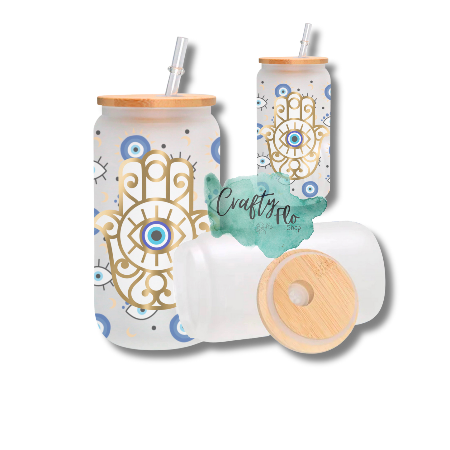 Evil eye| Turkish eye| Fatima 16oz frosted or clear glass can with straw and bamboo lid