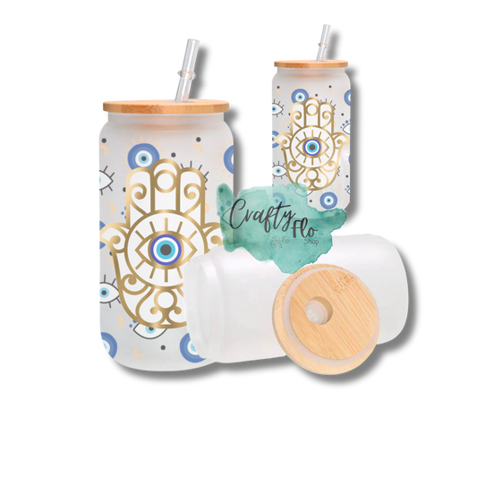 Evil eye| Turkish eye| Fatima 16oz frosted or clear glass can with straw and bamboo lid