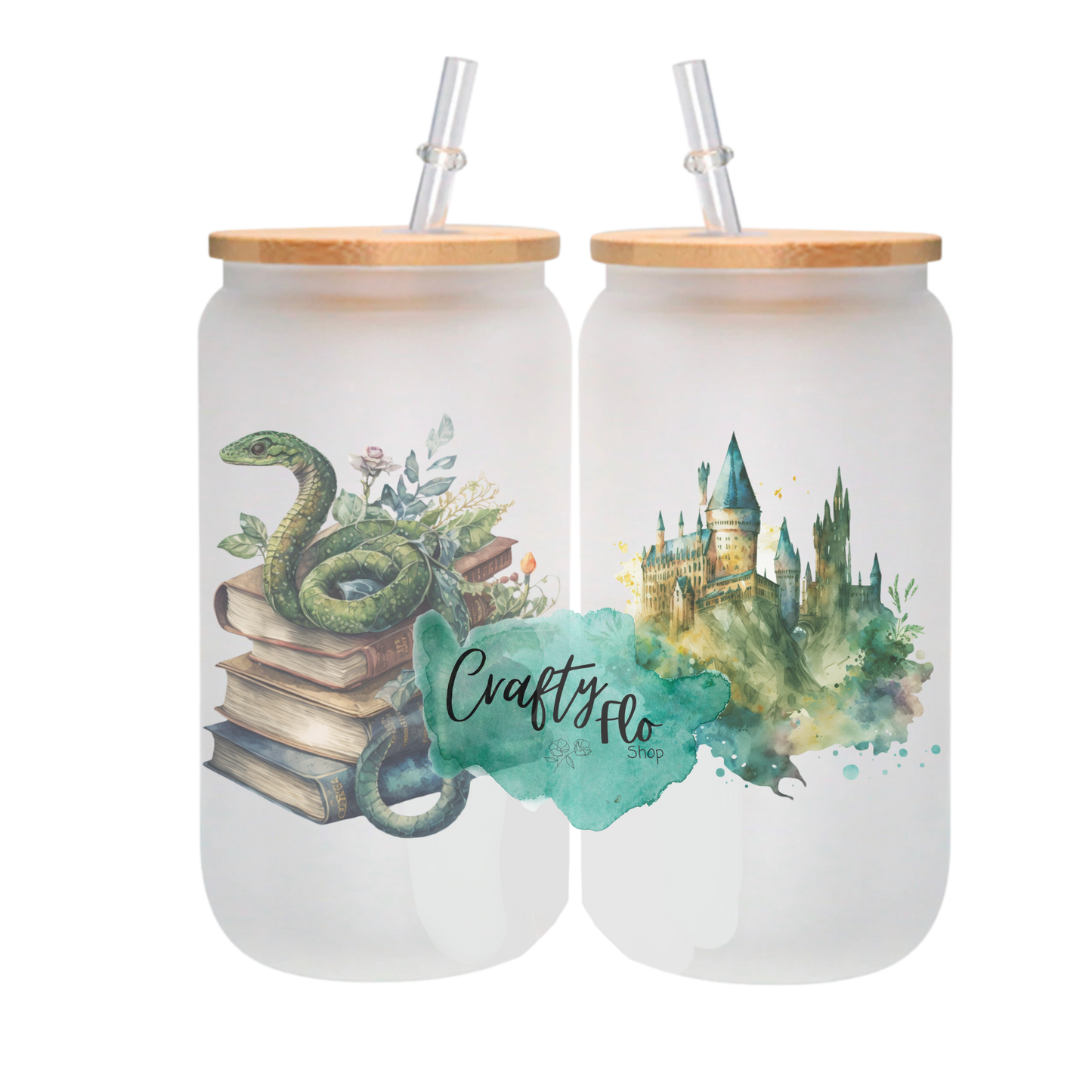 Legacy Wizarding School of Magic Houses 16oz Glass Cups with bamboo lid and straw