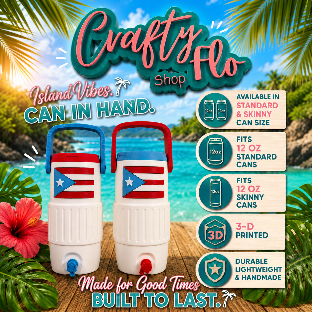 Puerto Rico Flag 12oz Can Holder with Handle – 3D Printed – PR Tumbler Style Can Holder Energy drink Holder