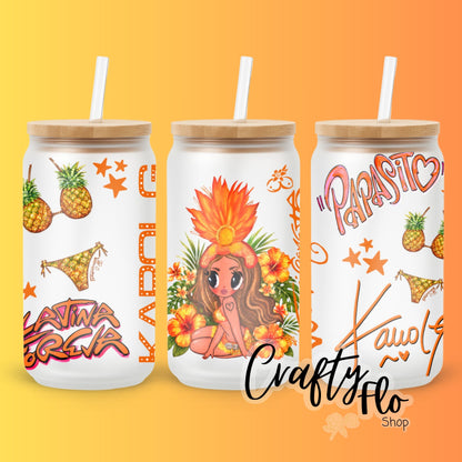 Karol G inspired oz glass can Tumbler with Straw, Durable Design, bamboo Lid, Fun and Functional Beverage Drinkware