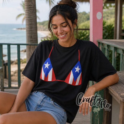 PR flag Bikini top tee, Graphic T-Shirt Latin Tee, Reggaeton Fan Gift, Streetwear for Reggaeton Lovers, Puerto Rican streetwear