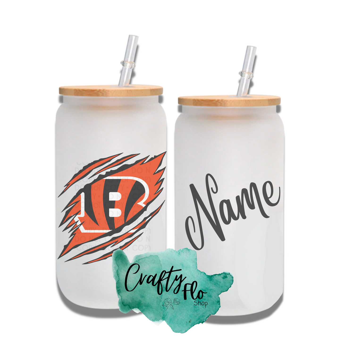 Personalizable Cincinnati Bengals Inspired Theme 16oz glass can with straw/ Add name at checkout