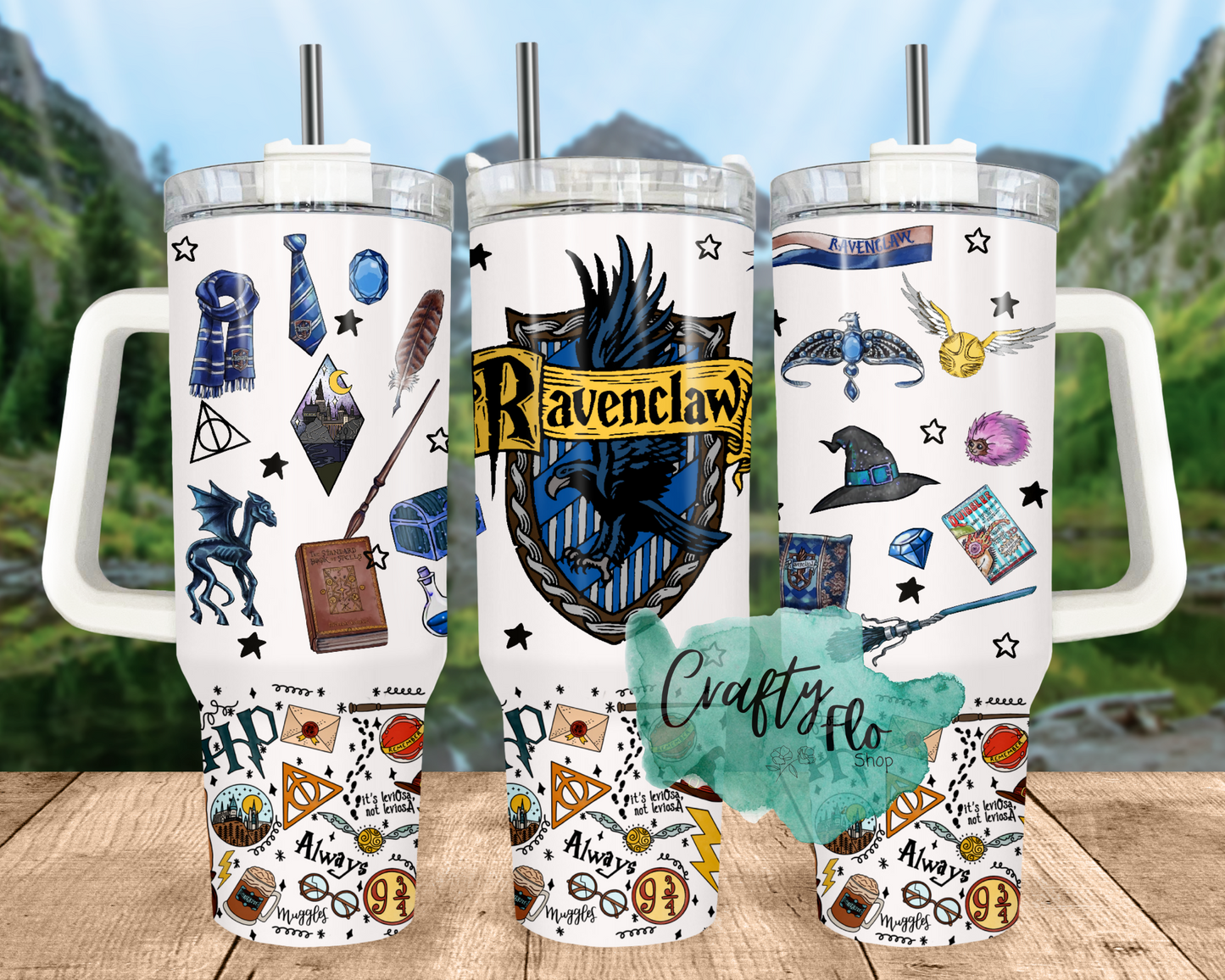 Wizard Houses school of magic Potter Squiggles INSPIRED 40 oz quencher tumbler with lid and plastic straw