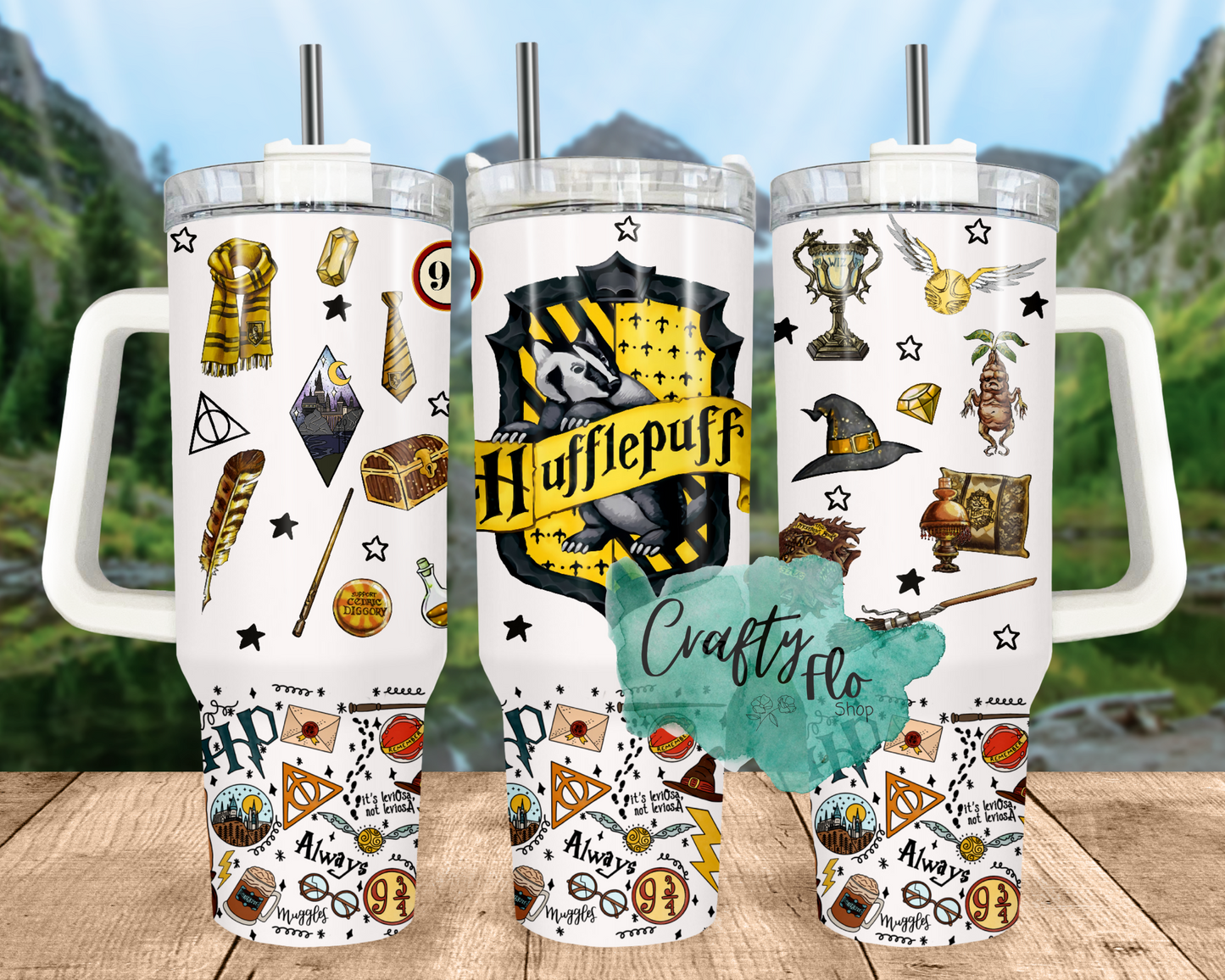 Wizard Houses school of magic Potter Squiggles INSPIRED 40 oz quencher tumbler with lid and plastic straw