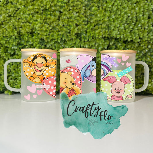 Valentines Cartoon inspired 15oz glass mug with handle, bamboo lid and straw| Glass Tumbler | Cute Glass Cup | mug w/Lid, Straw