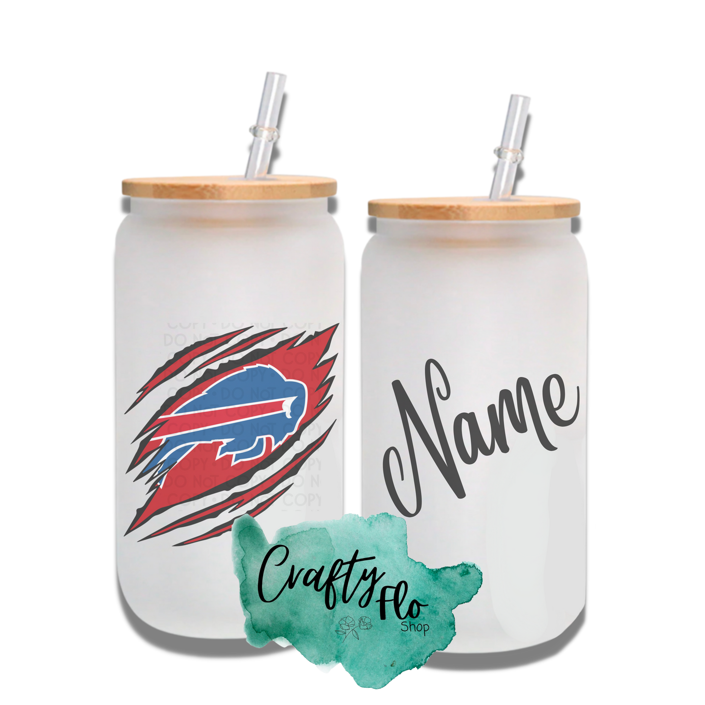 Personalizable Buffalo Bills Inspired Theme 16oz glass can with straw/ Add name at checkout