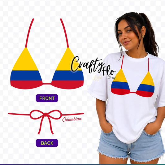 Colombian flag Bikini top tee, Graphic T-Shirt Latin Tee, Reggaeton Fan Gift, Streetwear for Reggaeton Lovers, Latina streetwear