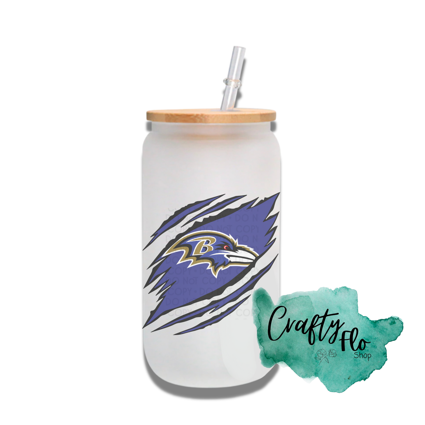 Personalizable Baltimore Ravens Inspired Theme 16oz glass can with straw/ Add name at checkout