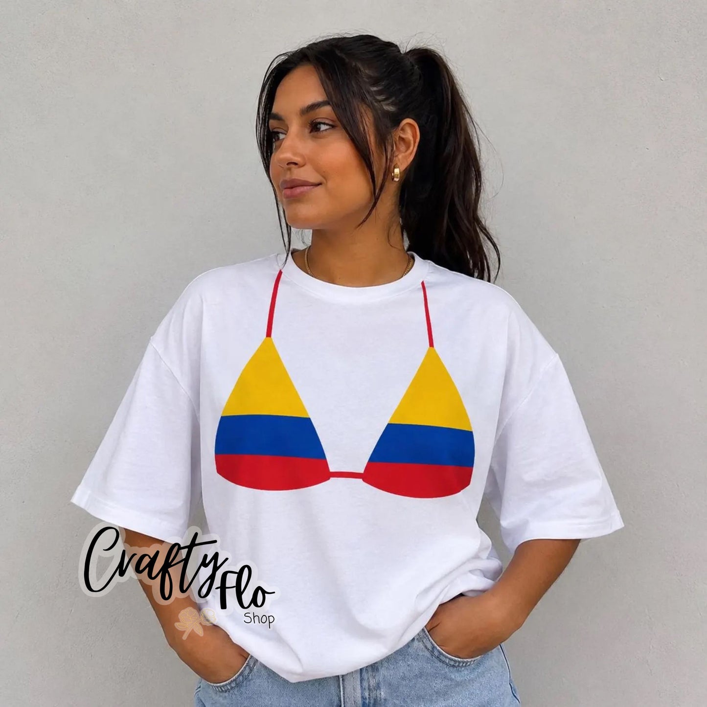 Colombian flag Bikini top tee, Graphic T-Shirt Latin Tee, Reggaeton Fan Gift, Streetwear for Reggaeton Lovers, Latina streetwear