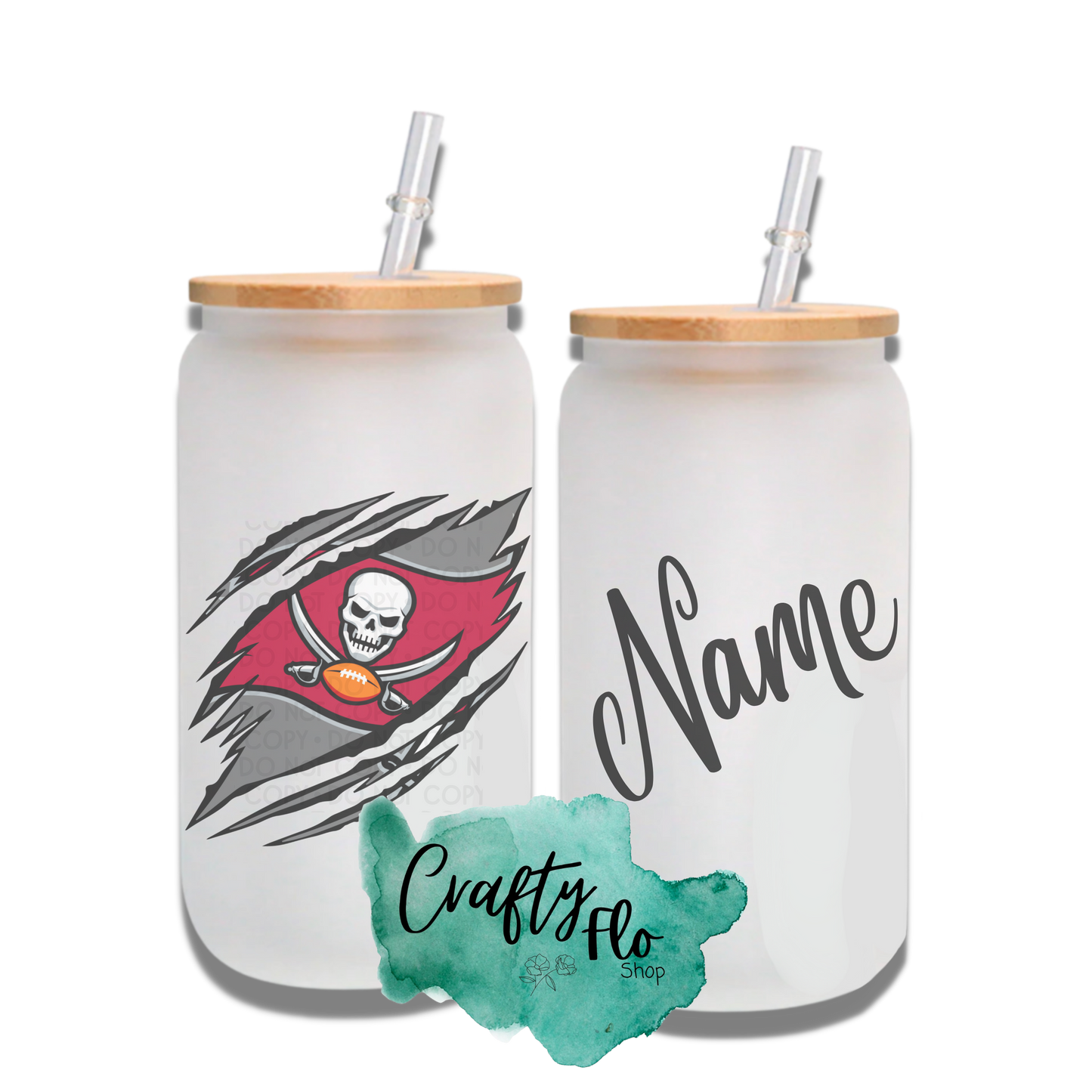 Personalizable Tampa Bay Buccaneers Inspired Theme 16oz glass can with straw/ Add name at checkout