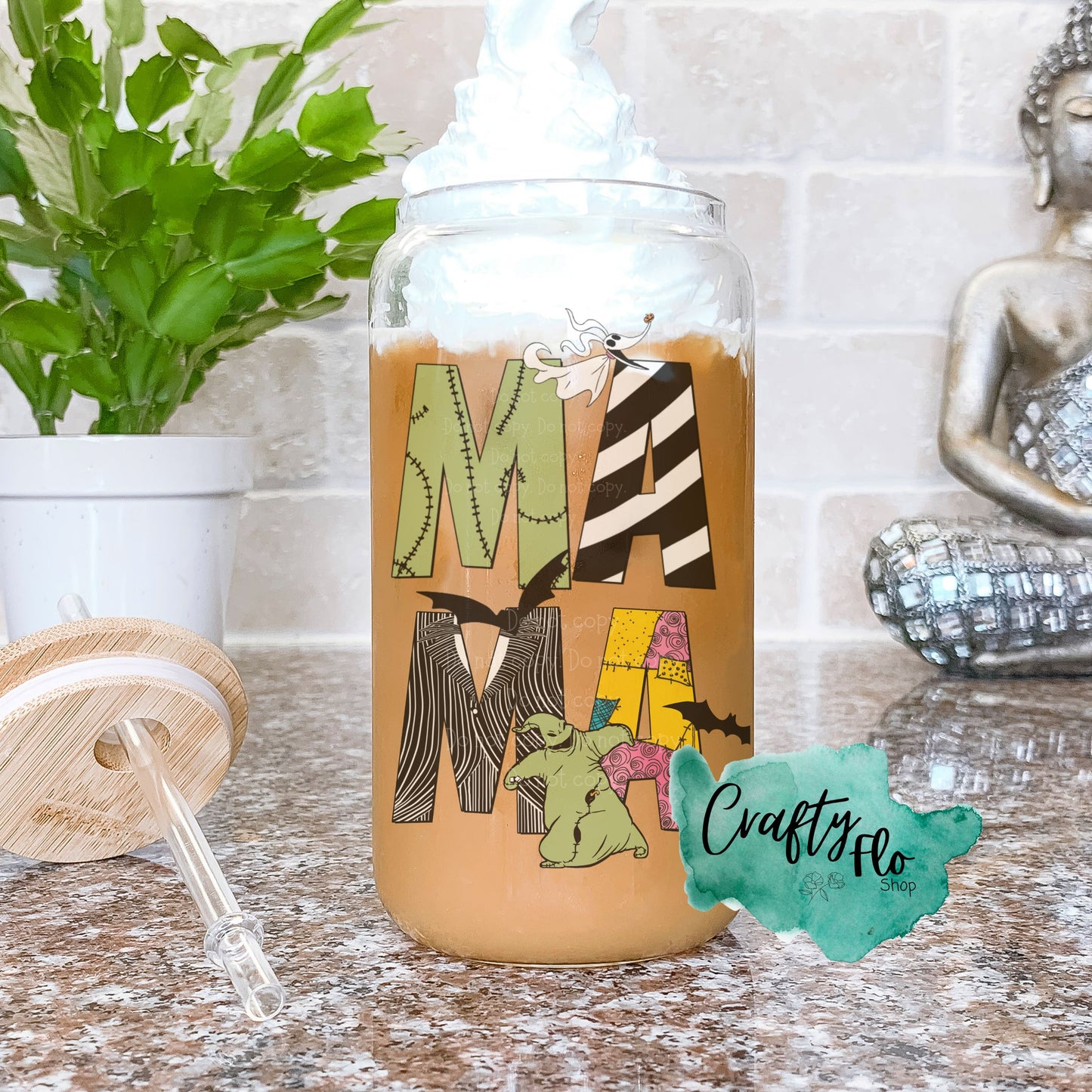 Nightmare before Christmas inspired Mama| 16oz clear or frosted glass can with bamboo lid and straw Cup Drinkware
