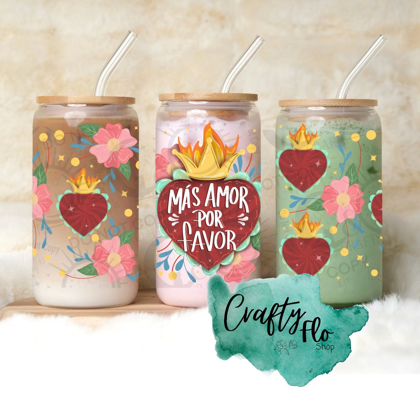 Mas Amor 16 oz glass or stainless steel can Tumbler with Straw, Durable Design, bamboo or acrylic Lid, Fun and Functional Beverage Drinkware