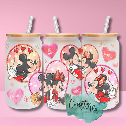 Valentines Cartoon 16oz glass can with bamboo lid and straw| friendship love cup| valentines day gift idea