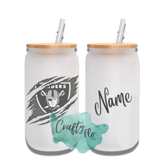 Personalizable Raiders Inspired Theme 16oz glass can with straw/ Add name at checkout