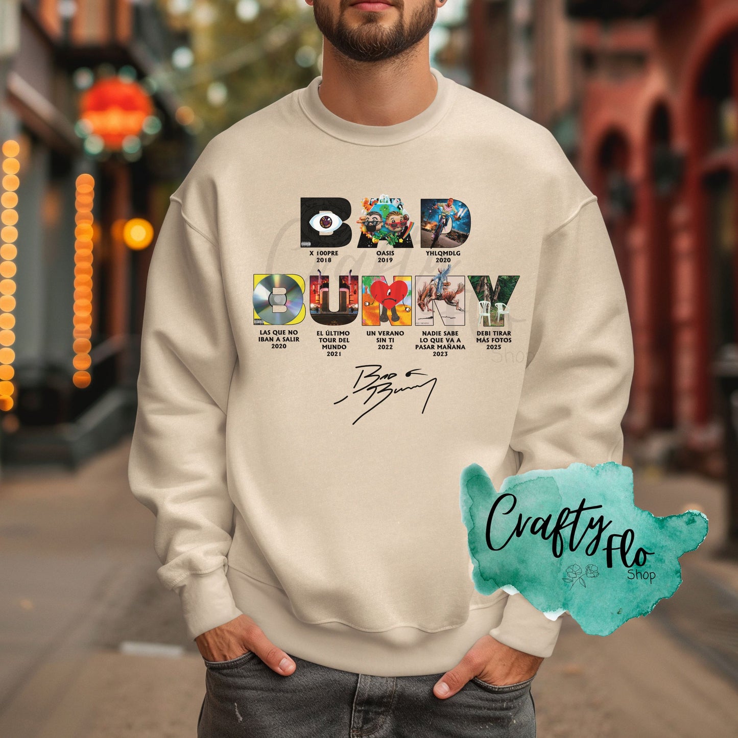 Bad Bunny Album Eras Inspired Unisex Sweatshirt - Front and back graphic- Playful Design, Casual Style, Versatile for Casual Outings, True to Size Fit - Fabric