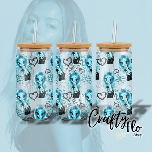 Karol G inspired oz glass can Tumbler with Straw, Durable Design, bamboo Lid, Fun and Functional Beverage Drinkware