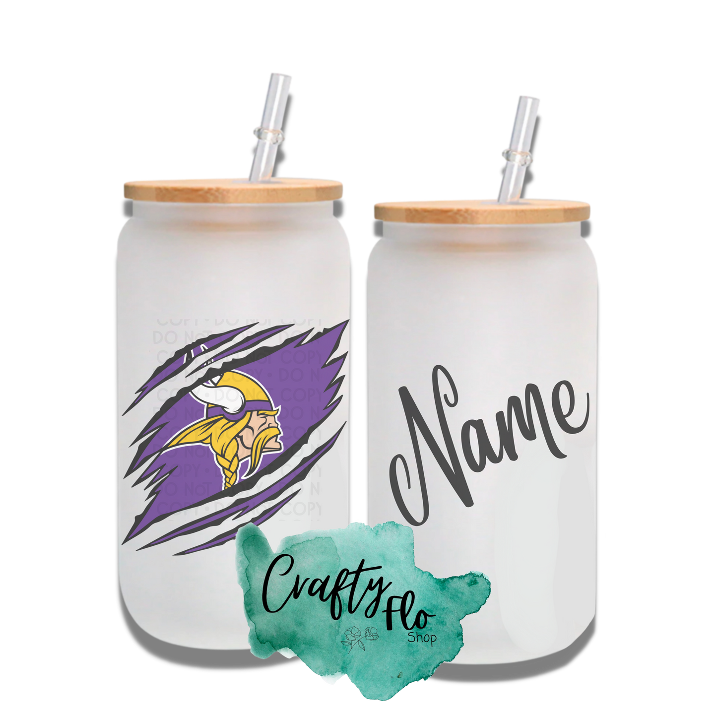 Personalizable Minnesota Vikings Inspired Theme 16oz glass can with straw/ Add name at checkout