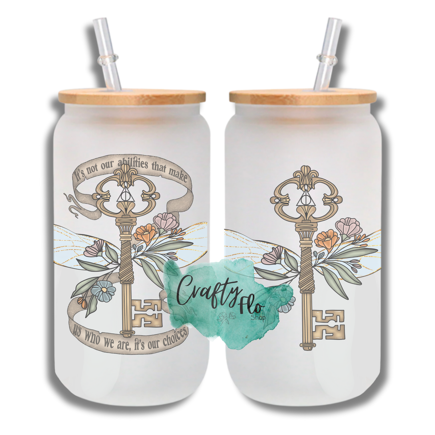 Wizarding School of Magic inspired fan art 16 oz frosted or clear glass can with bamboo lid and straw