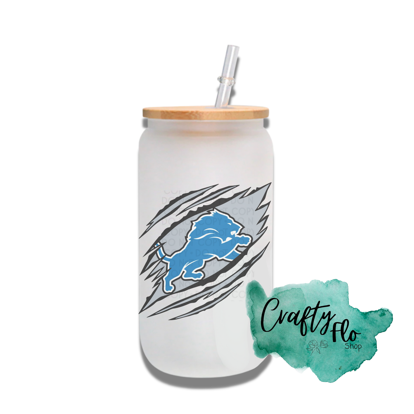 Personalizable Detroit Lions Inspired Theme 16oz glass can with straw/ Add name at checkout
