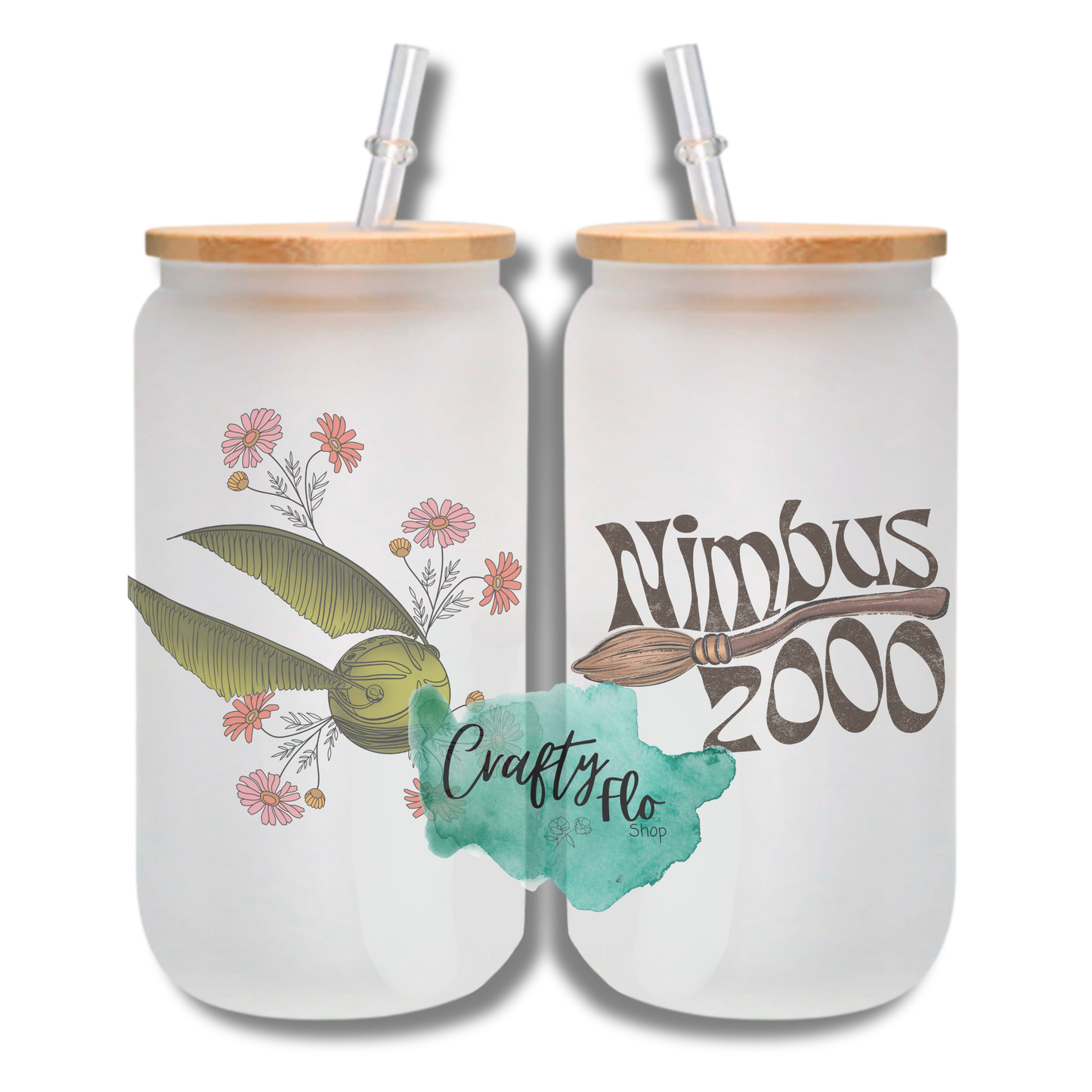 Wizarding School of Magic inspired fan art 16 oz frosted or clear glass can with bamboo lid and straw
