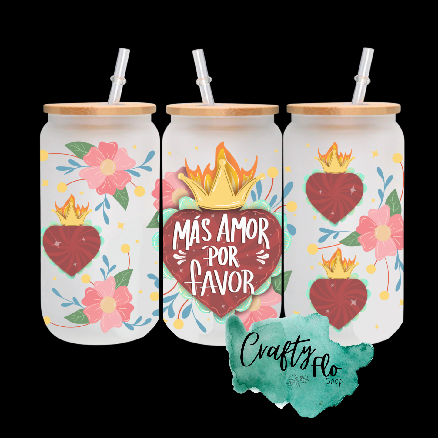 Mas Amor 16 oz glass or stainless steel can Tumbler with Straw, Durable Design, bamboo or acrylic Lid, Fun and Functional Beverage Drinkware