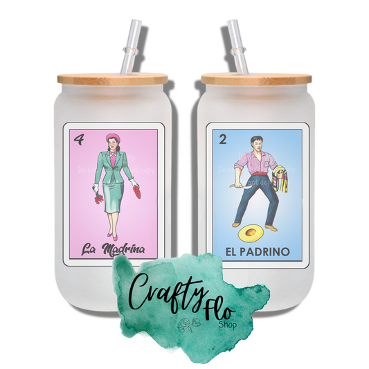 Madrina and Padrino Lotería card inspired 16oz frosted glass can with bamboo lid and straw