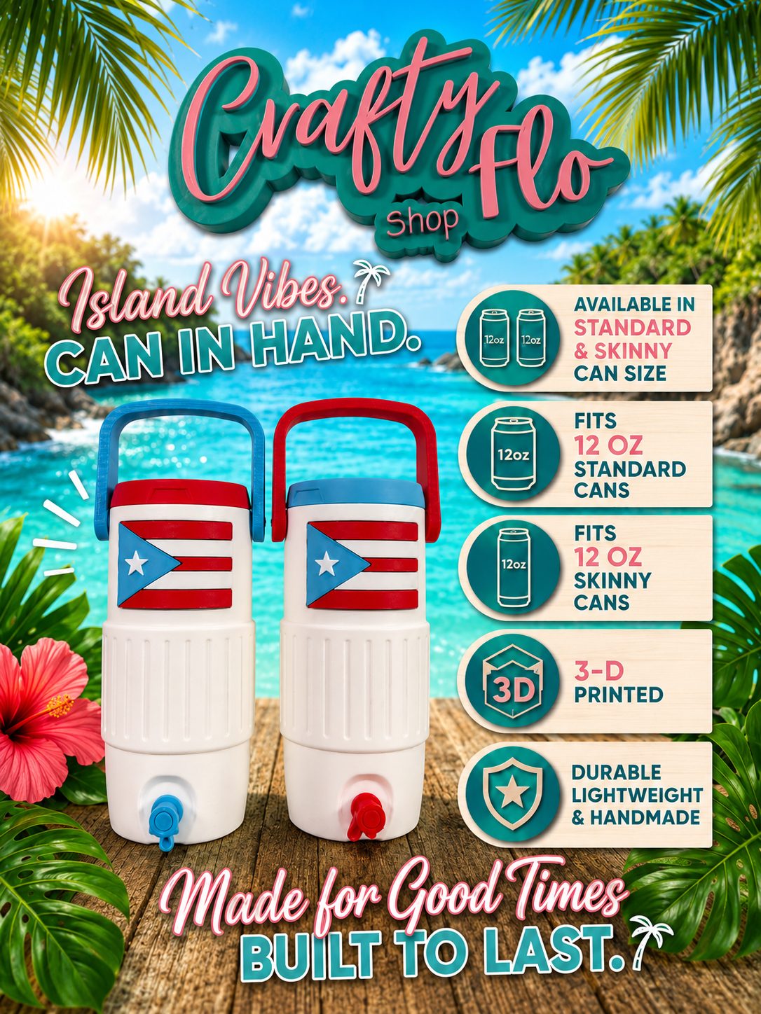 Puerto Rico Flag 12oz Can Holder with Handle – 3D Printed – PR Tumbler Style Can Holder Energy drink Holder