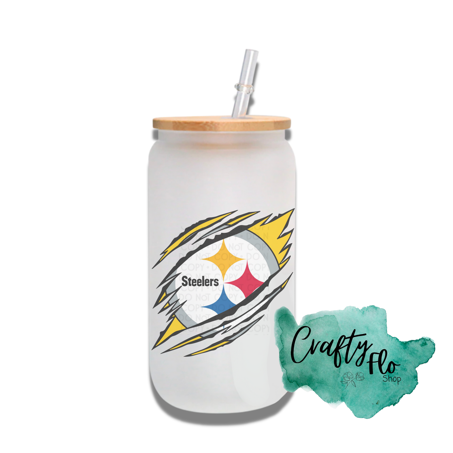 Personalizable Steelers Inspired Theme 16oz glass can with straw/ Add name at checkout