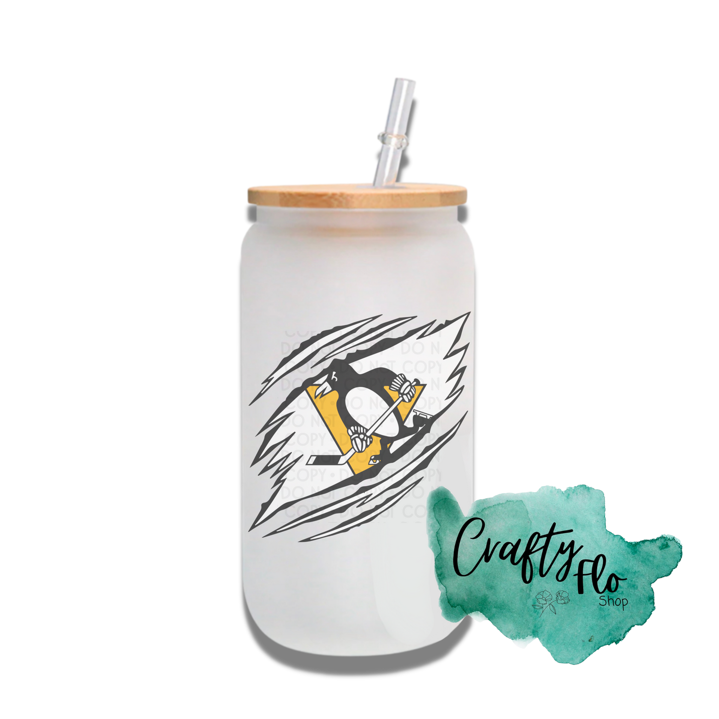 Personalizable Pittsburgh Penguins Inspired Theme 16oz glass can with straw/ Add name at checkout