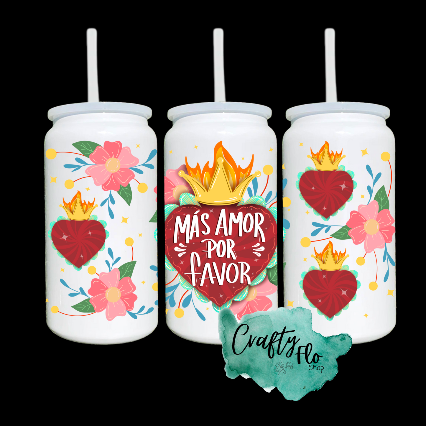 Mas Amor 16 oz glass or stainless steel can Tumbler with Straw, Durable Design, bamboo or acrylic Lid, Fun and Functional Beverage Drinkware