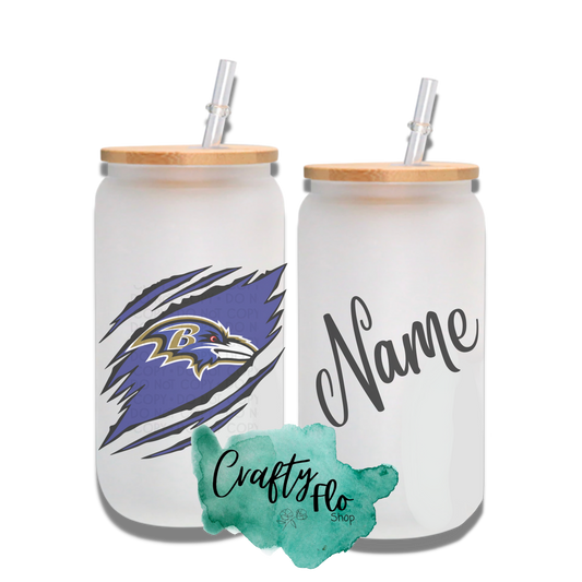 Personalizable Baltimore Ravens Inspired Theme 16oz glass can with straw/ Add name at checkout