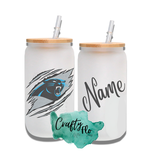 Personalizable Panthers Inspired Theme 16oz glass can with straw/ Add name at checkout