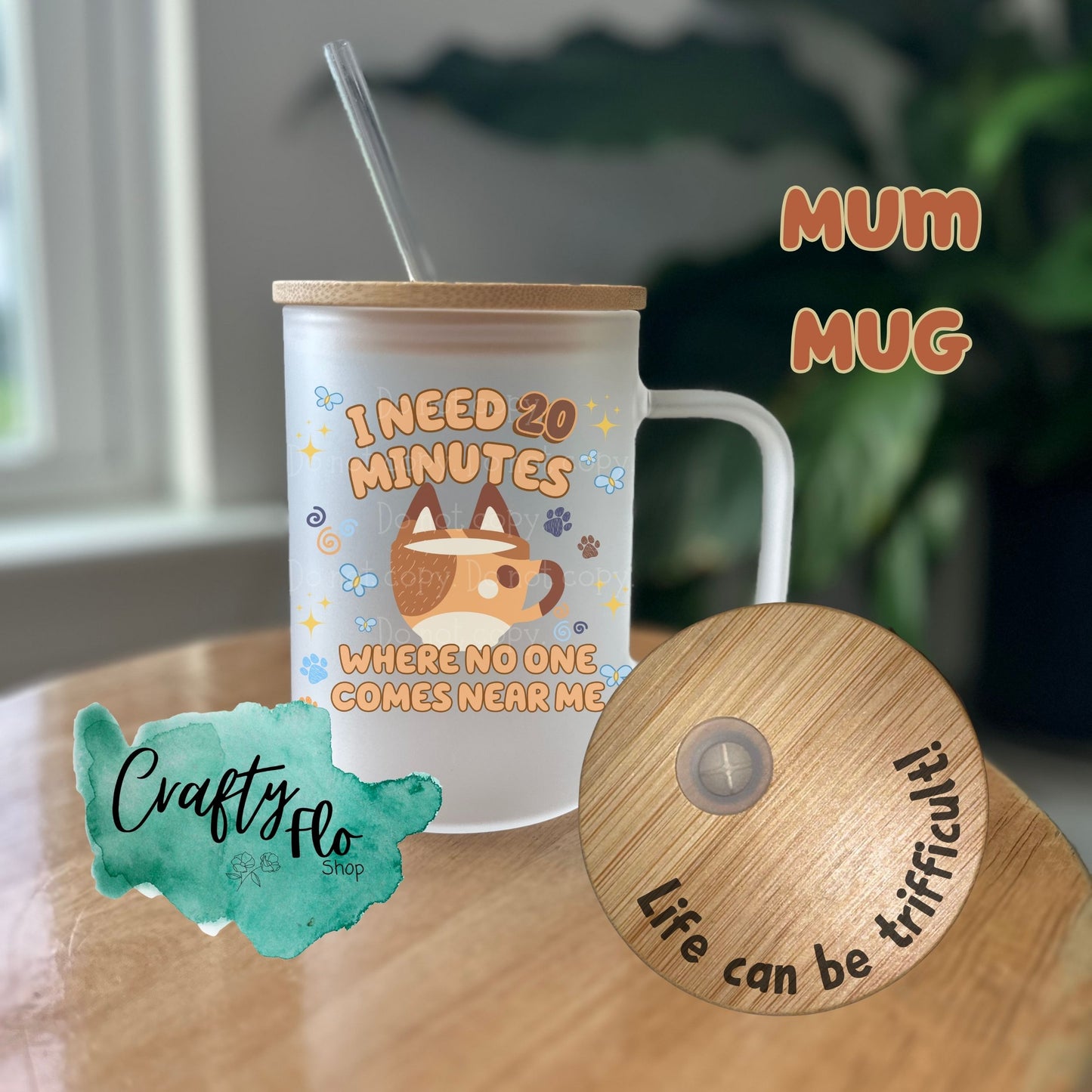 Mum needs 20 minutes 15oz glass mug with handle, bamboo lid and straw | Cartoon Inspired Cup | Cute Glass Cup | mug with Lid, Straw