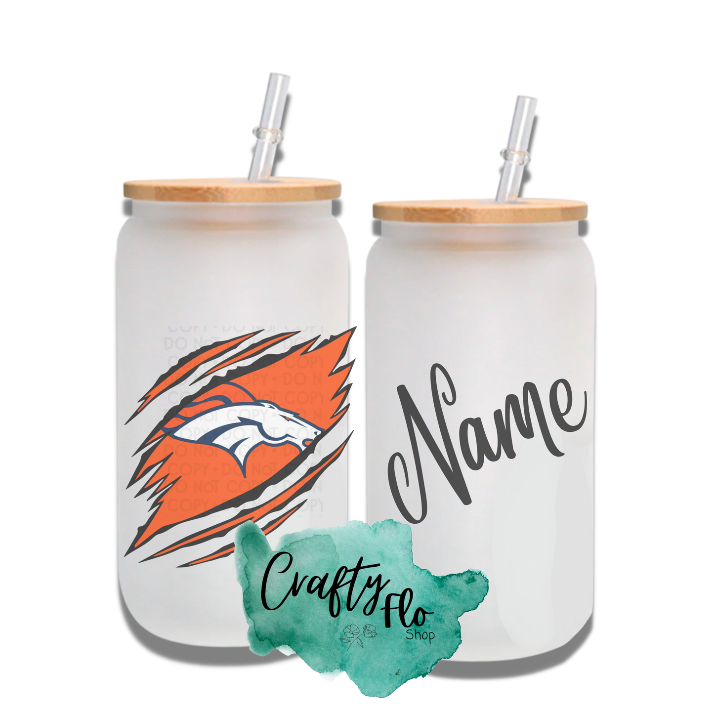 Personalizable Broncos Inspired Inspired Theme 16oz glass can with straw/ Add name at checkout