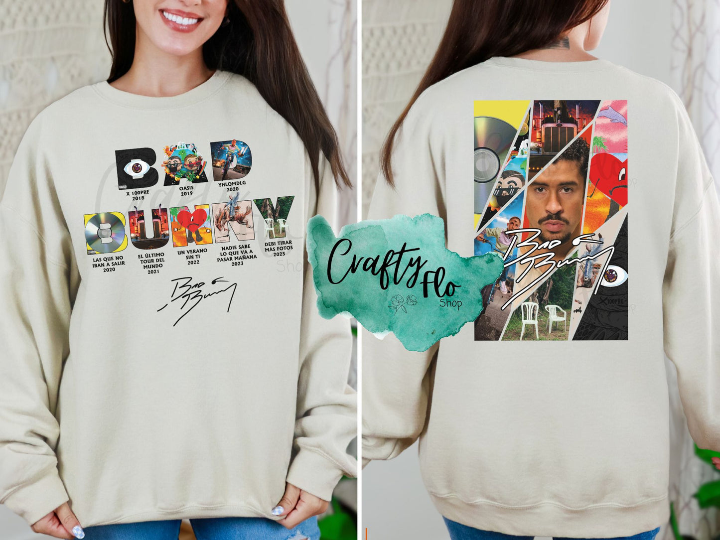 Bad Bunny Album Eras Inspired Unisex Sweatshirt - Front and back graphic- Playful Design, Casual Style, Versatile for Casual Outings, True to Size Fit - Fabric