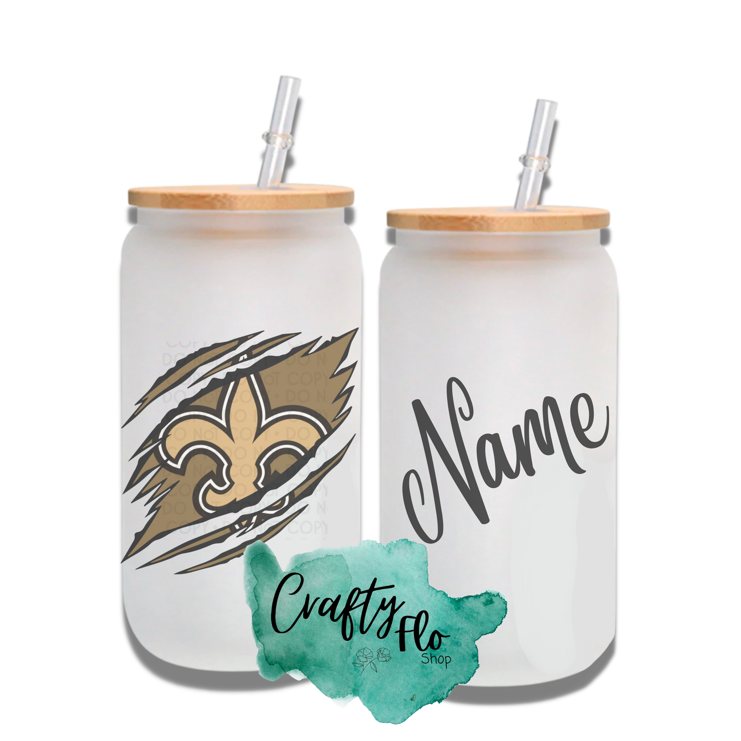 Personalizable Saints Inspired Inspired Theme 16oz glass can with straw/ Add name at checkout