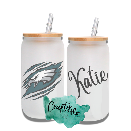 Personalizable Philadelphia Eagles Inspired Theme 16oz glass can with straw/ Add name at checkout