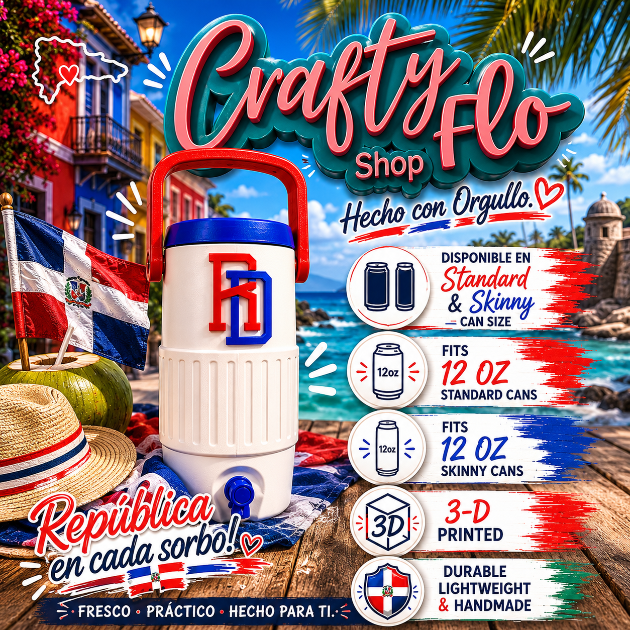 Dominican Republic 12oz Can Holder with Handle – 3D Printed – PR Tumbler Style Can Holder Energy drink Holder