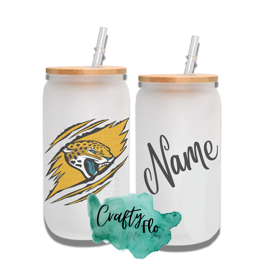 Personalizable Jaguires Inspired Theme 16oz glass can with straw/ Add name at checkout