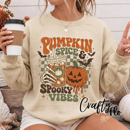 Pumpkin Spice Spooky Vibes Graphic Sweatshirt or Tshirt- apparel | Unisex Fabric, Comfortable Fit, Valentines - Pullover