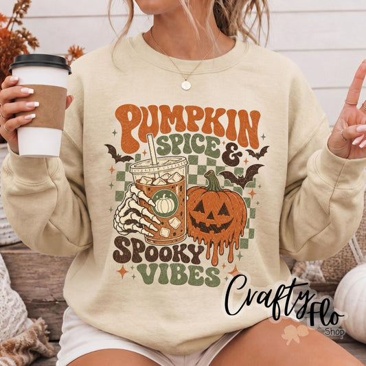 Pumpkin Spice Spooky Vibes Graphic Sweatshirt or Tshirt- apparel | Unisex Fabric, Comfortable Fit, Valentines - Pullover