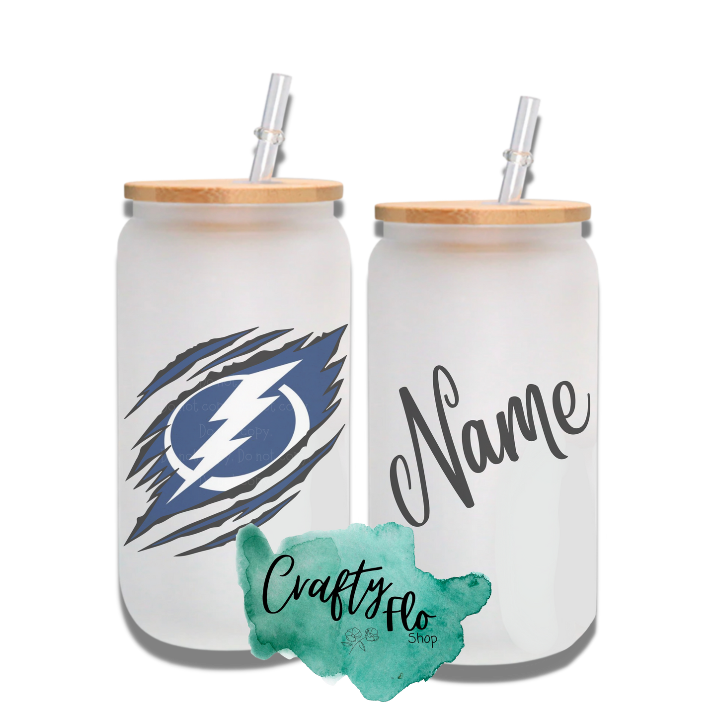 Personalizable Tampa Bay lightning Inspired Inspired Theme 16oz glass can with straw/ Add name at checkout