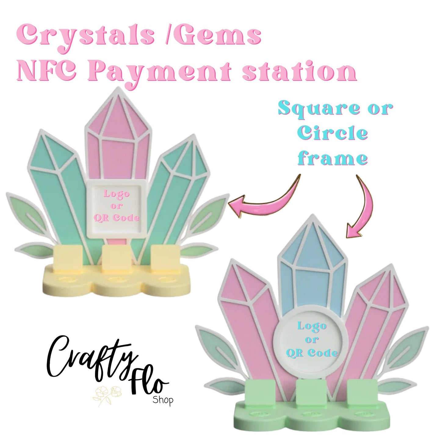 Crystals / Gems NFC Smart Tap Payment Station – Tap to Pay Sign | Contactless Checkout Display | Smart Tap | NFC | Custom QR Code Stand
