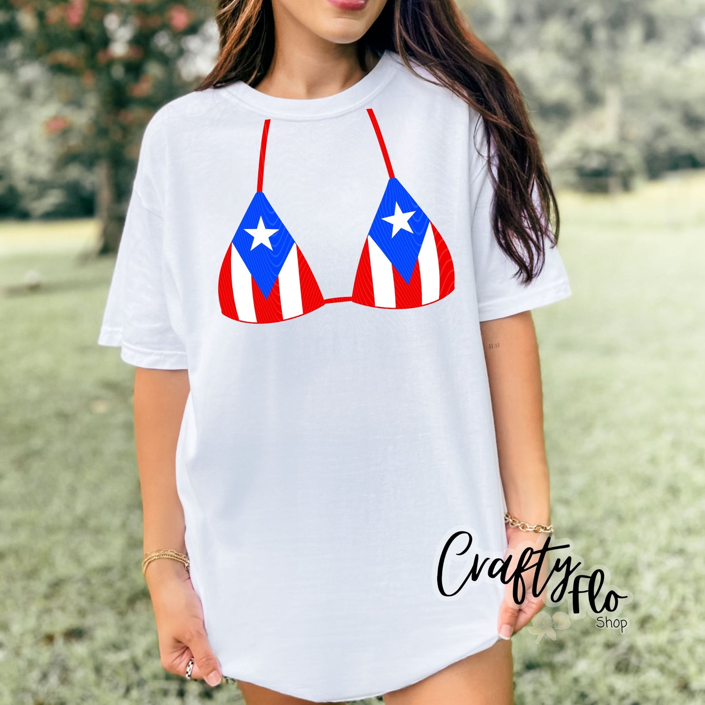 PR flag Bikini top tee, Graphic T-Shirt Latin Tee, Reggaeton Fan Gift, Streetwear for Reggaeton Lovers, Puerto Rican streetwear